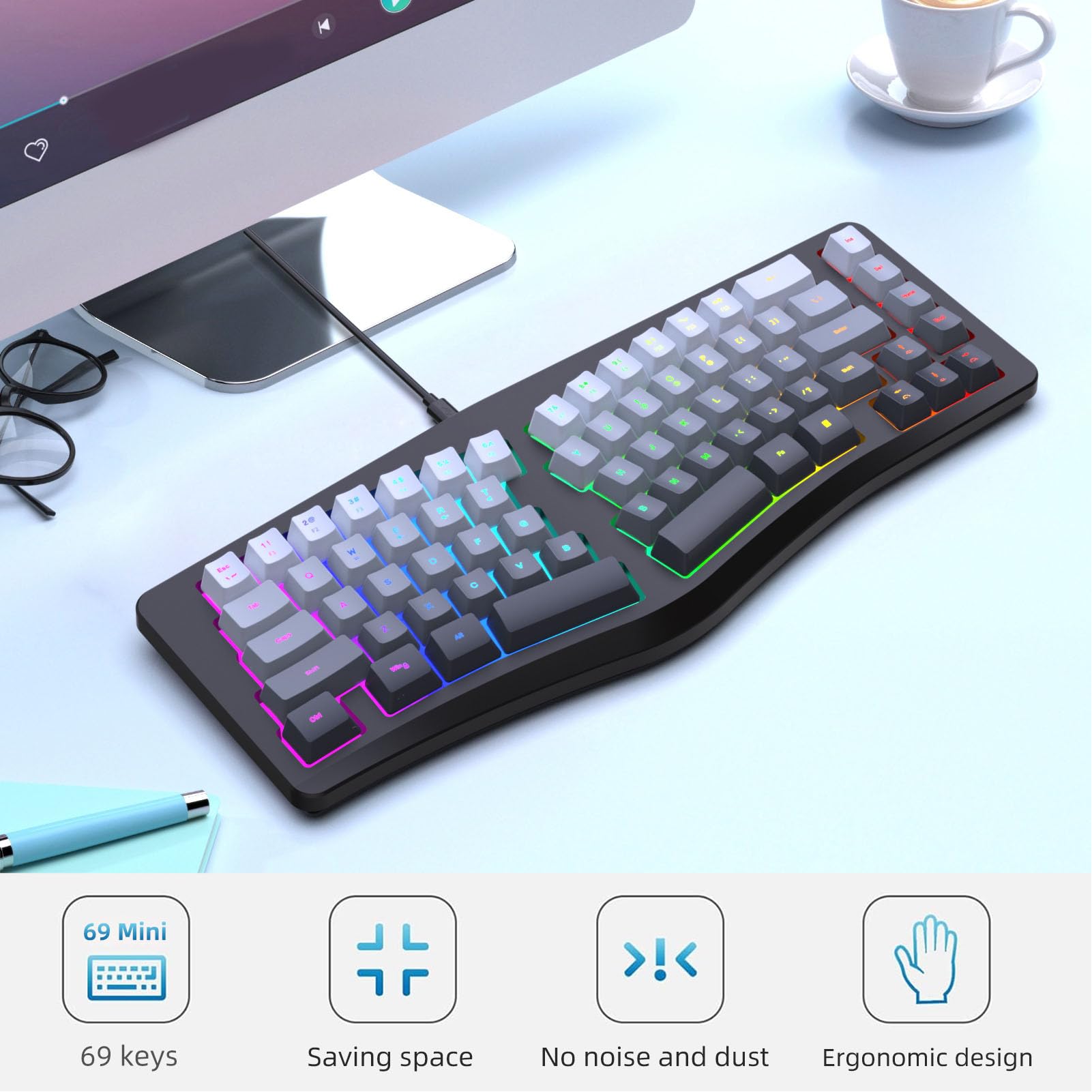 Amazon | VBESTLIFE 有線人間工学キーボード、カラフルな RGB バック